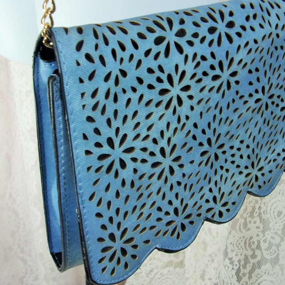 Perfect Image NY Denim Blue Handbag Shoulder/Clutch Laser Cut out design NWT. - Picture 2 of 4